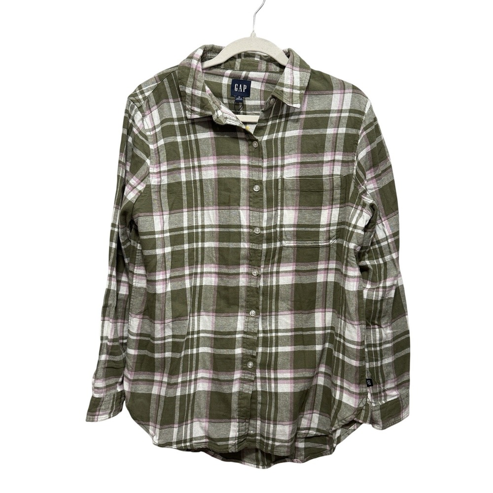 Gap Shirt Womens M Flannel Button Down Long Sleeve Green Pink Plaid Preppy NWT